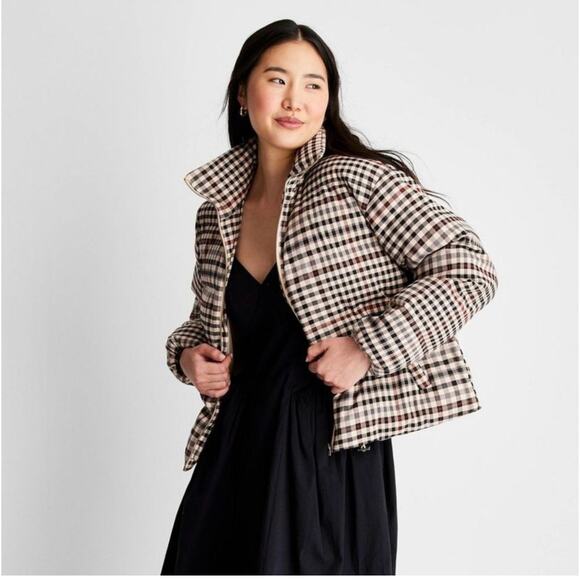 Target Future Collective Reese Blutstein Brown Plaid Waist Puffer Jacket Small - Picture 1 of 12
